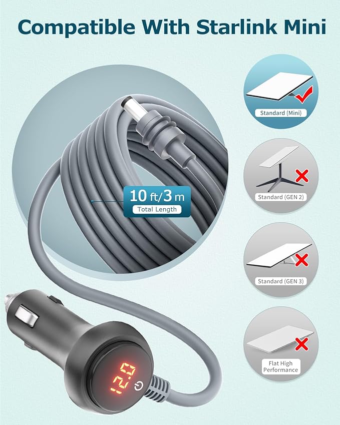 Starlink Mini Cable 10FT Car Adapter for Starlink Mini 12V Adapter with Switch/Digital Display 12V-24V DC Power Cable Cigarette Lighter Car Charger Waterproof Accessories for RV Trucks Boat 18AWG 3M