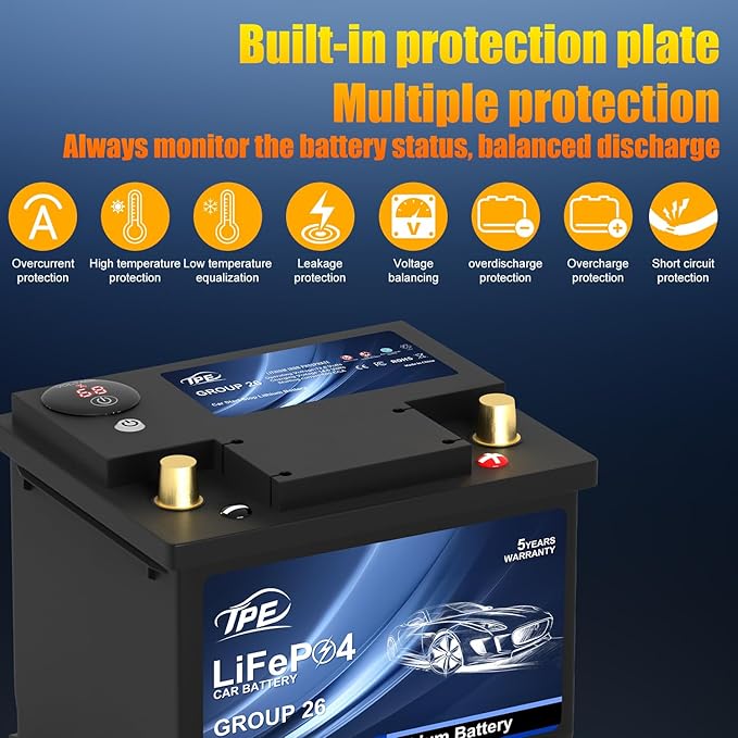 TPE Car Start Stop System BCI Group26 LiFePO4 Lithium-ion Battery 12.8V 800A Lightweight High Performance Battery Battery Level Display Left Negative Right Positive