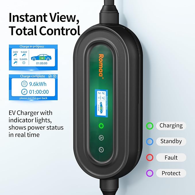 Romaa Level 2 EV Charger Portable Level 2 with 40A, 240V, NEMA 14-50, 25ft Cable, J1772 Charger, Adjustable Current, Delay Timer, EV Chargers for Home Level 2, App Control, FCC & ETL Certified