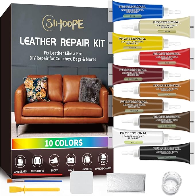 Leather Repair Kit,Car Seats, Sofa,Jacket & Purse - Repairs Burn Holes,Scratches,Tears - Restores Faux,Vinyl,Artificial and Real Leather (Ten Colors)