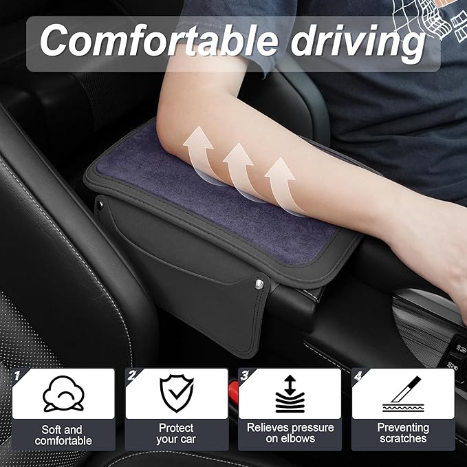 SINGARO Car Leather Center Console Cover with 2 Storage Bags, Universal Furry Fluffy Car Armrest Seat Box Pad, Comfortable Car Interior Accessories, Fits for Most Vehicles (Grey)