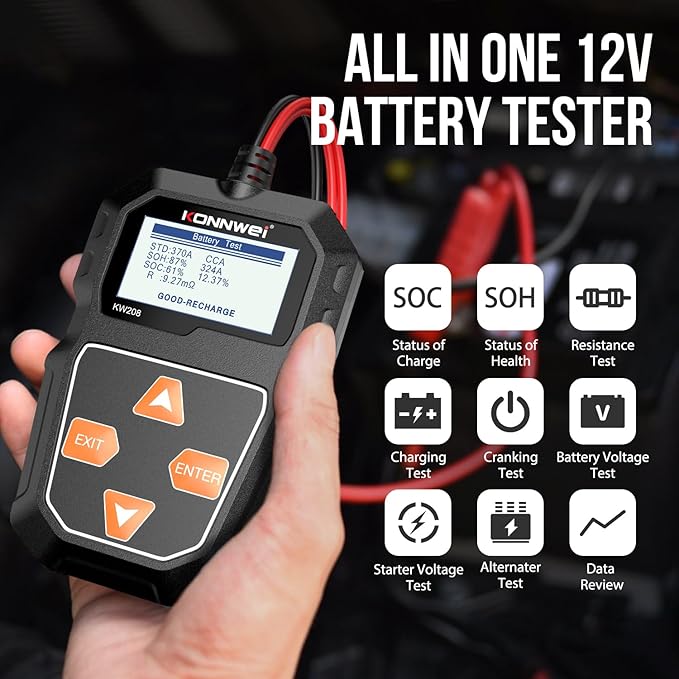 KONNWEI KW208 12V Car Battery Tester, 100-2000 CCA Load Tester Automotive Alternator Tester Digital Auto Battery Analyzer Charging Cranking System Tester for Truck Marine Motorcycle SUV Boat