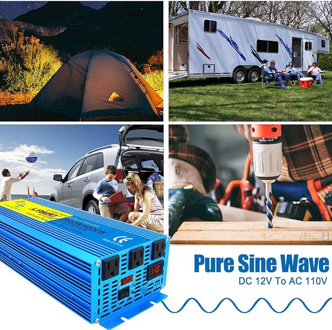 LVYUAN 2000 Watt Pure Sine Wave Inverter 12V to 110V 120V DC to AC with 3 AC Sockets, LED Display, Car Power Inverter for Vehicles Home RV Camping Truck Solar System