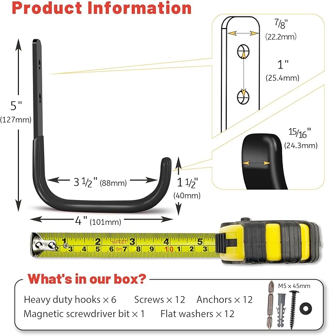 Garage Hooks 4 Inch, 6 Pack Heavy Duty Wall Hooks for Hanging, Ladder Hangers for Garage Wall Mount, Steel J Utility Garden Hose Holder Tool Organizers and Storage(55lbs)