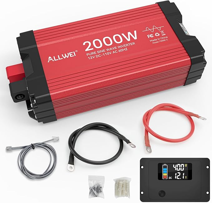 ALLWEI 2000W Pure Sine Wave Inverter 12V DC to 110V AC Converter, Surge 4000W, 2 AC Sockets, LCD Display, Power Inverters for Vehicles, RV, Truck, Home, Solar & Off-Grid Inverter, Remote Controller