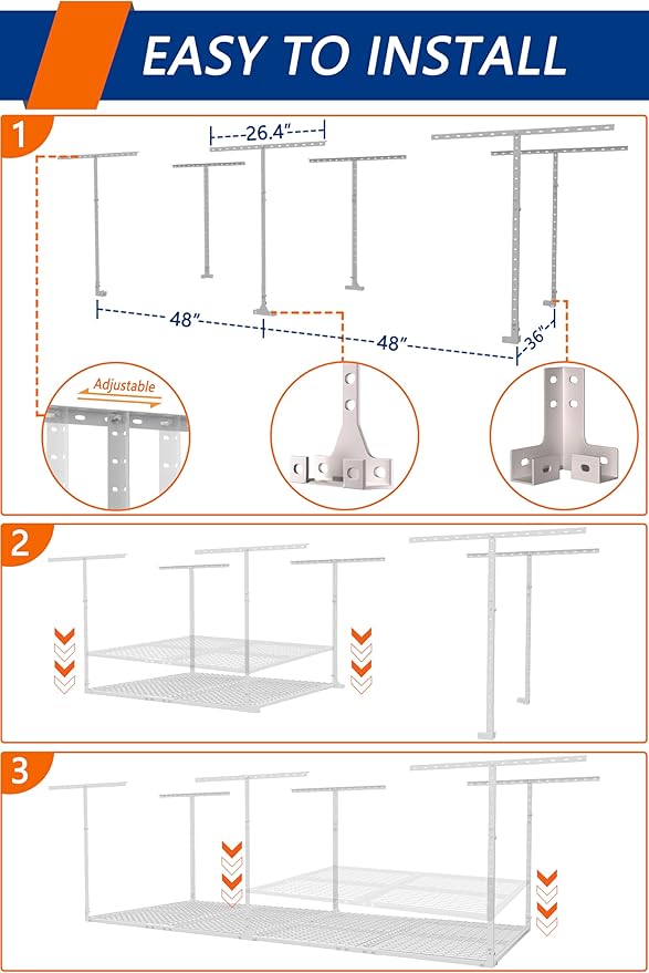 3 x 8FT Overhead Garage Storage Rack,Adjustable Ceiling Storage Racks,Garage Shelving Heavy Duty Storage Organizer System,600lbs Weight Capacity(White)