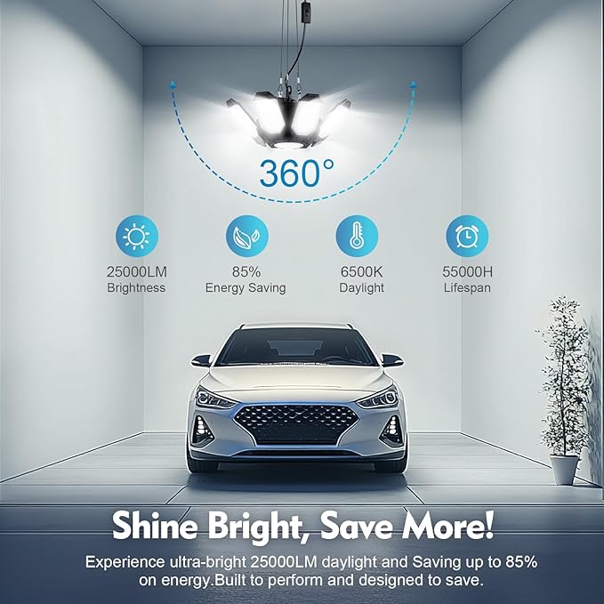 TANBABY 2 Pack Motion Sensor Garage Light, Deformable Garage Lights Ceiling LED Plug in Cord, Plug in Shop Lights with 8+1 Panels Bulb for Basement