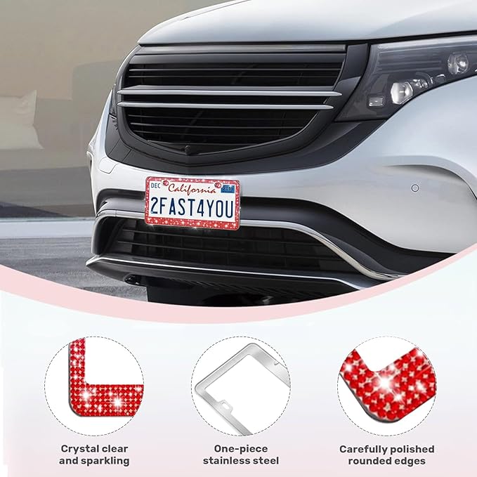 2 Pack License Plate Frames for Women, Sparkly Rhinestone Diamond Car Accessories with Glitter Crystal Caps (Red(2PCS))