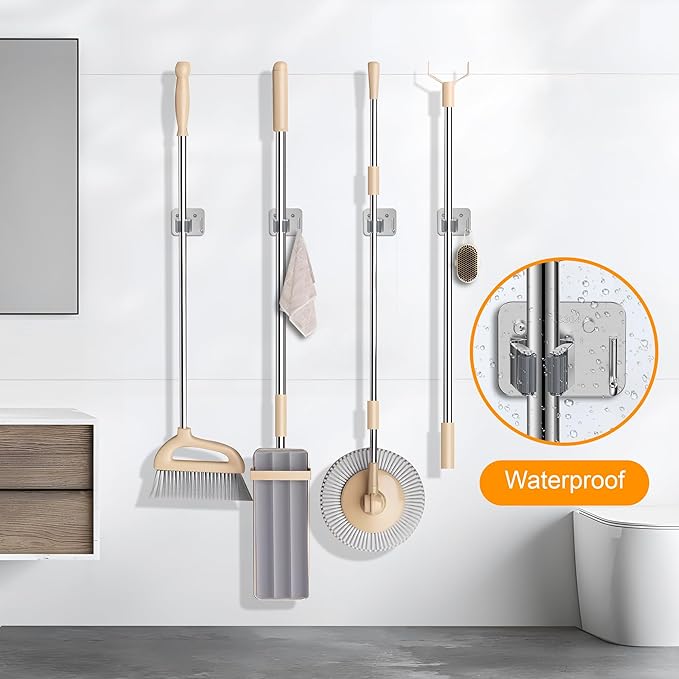 4 Pack Stainless Steel Mop and Broom Holder Wall Mount with Hook, Screw Drilling Mop and Broom Hanger, Single Heavy Duty Storage Rack for Laundry Garage Closet Garden Tool Organizer, Silver