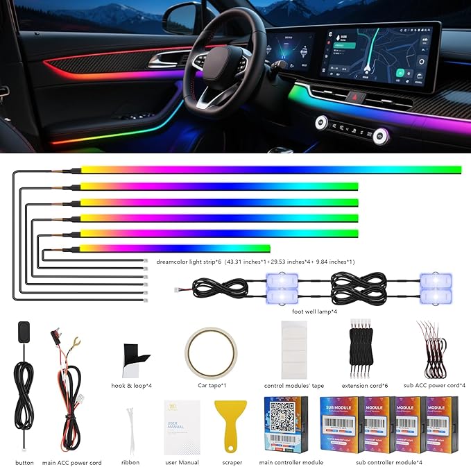 2025 Upgraded Dreamcolor Acrylic Interior Car LED Strip Light with Self-Developed App RGB 10 in 1 | Dual Zone Control | Super Brighter LED Strips | Music Sync | 16M Colors Interior Led Lights for Cars