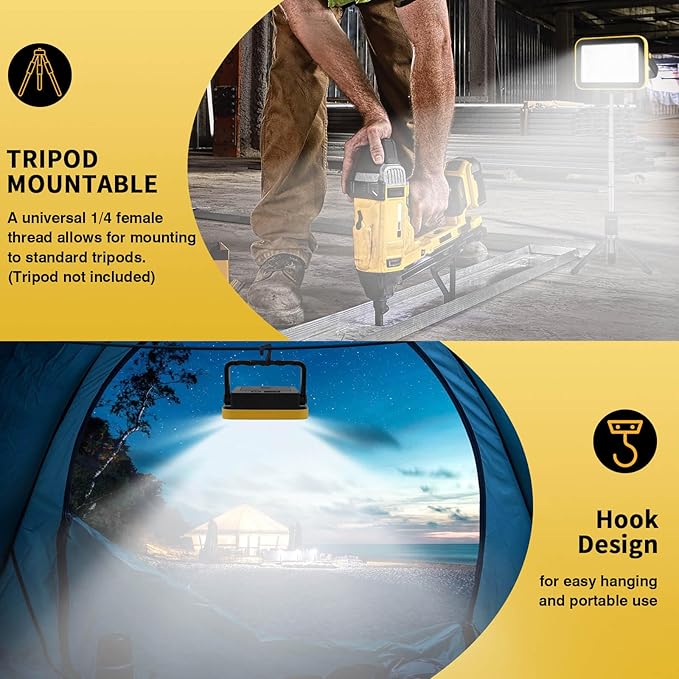 Rechargeable Work Light with Tripod Hole, 2-Pack LED Battery Work Lightings, 40W Waterproof Portable Flood Light Cordless Job Site Lighting 180° Rotate for Garage Camping Car Repairing