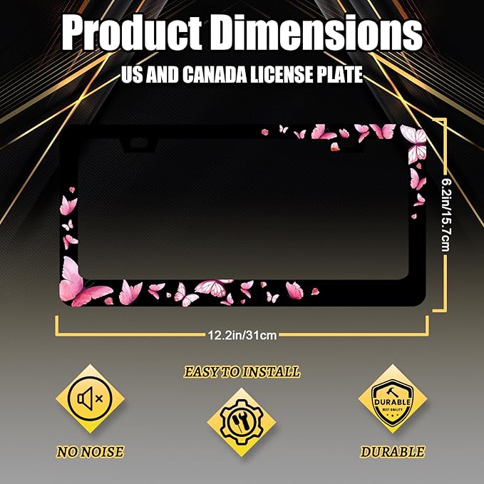 Butterfly License Plate Frame Pink Butterflies License Plate Stainless Steel Funny Accessories Cars Decor 12.2 X 6.2 Inch with 2 Holes and Screws Fits Standard Us Ca Vehicles