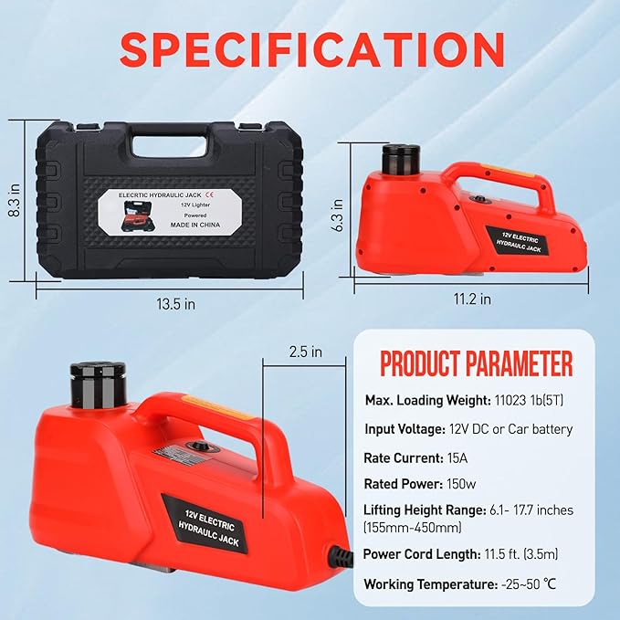 Electric Car Jack 5 Ton 12V Hydraulic Jack Portable Car Lift Floor Jack Stand for Sedans SUV MPV Sedan Truck Change Tires Garage Repair Roadside Emergency Kit