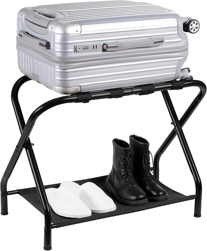 Heybly Luggage Rack, Steel Folding Suitcase Stand with Storage Shelf for Bedroom, Hotel, Foldable Steel Frame, Guest Room Bedroom Hotel, 22.8" L x 11.8" W x 20.9" H, Black HLR004B1