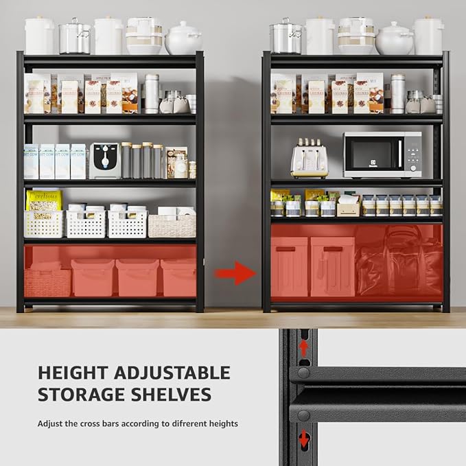 5 Tier Metal Shelving Unit, 72" H x 48" W Adjustable Storage Shelves, Heavy Duty Garage Shelves for Warehouse, Basement, Kitchen, Pantry, Living Room, 2500LBS, Black, 18" D