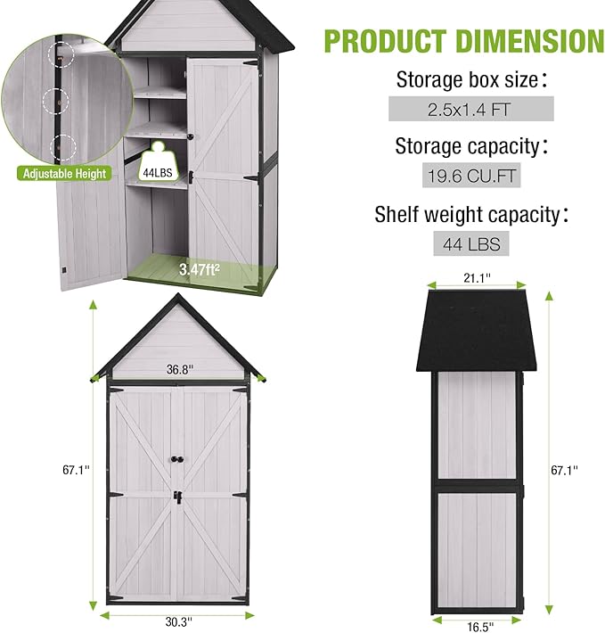 GUTINNEEN Sheds Outdoor Storage Wooden Garden Tool Shed with Metal Frame Sloped Roof and Adjustable 3 Tiers Shelves Outdoor Storage Cabinet for Backyard Garden Patio Lawn 67.1"(Off White)