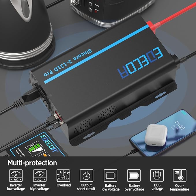 EDECOA Pure Sine Wave Inverter 1200W 12V DC to 110V AC Power Inverter with USB Port and Type-C Port 2 AC Outlets Remote Control LED Display for RV Car Boat Household