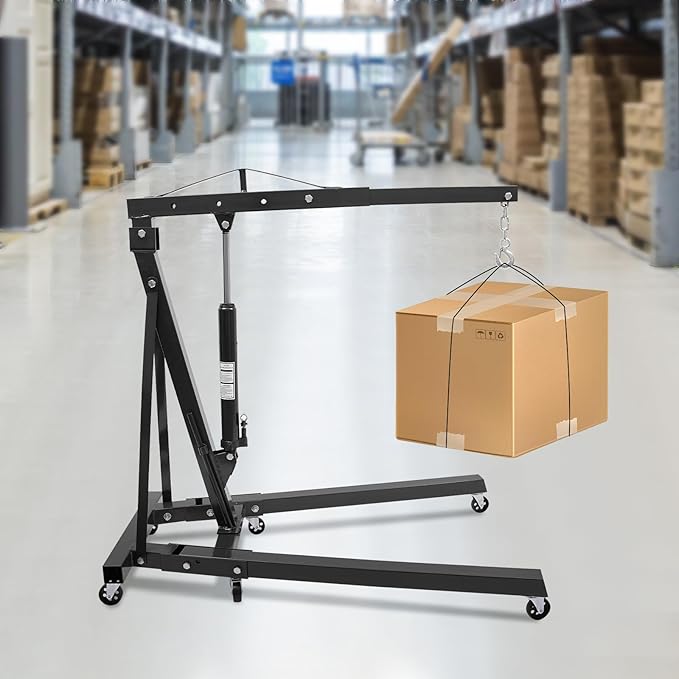 LOYALHEARTDY 1 Ton Hydraulic Engine Hoist, Folding Engine Lift with 6 Wheels, Heavy Duty Steel Shop Engine Crane, Cherry Picker Engine Hoist for Garage, Workshop, 2200 LBS (Black, 1 Ton)
