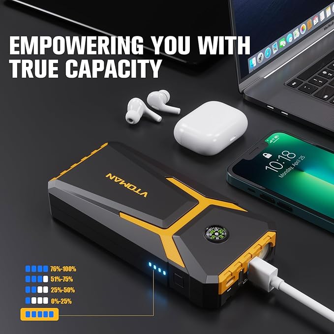 VTOMAN V6 Pro Jump Starter, 2000A Car Battery Jumper Starter Portable for 7L Gas/5L Diesel Engines, Jump Box,12V Auto Jump Start Battery Pack, Lithium Booster Pack, Portable Charger and Jumper Cables