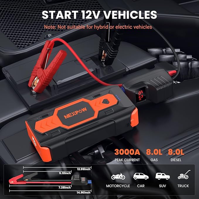 NEXPOW Car Battery Jump Starter 3000A, Portable Jumper Starter (up to 8.0L Gas/8L Diesel Engines) 12V Car Battery Booster Pack with USB Quick Charge 3.0 and 4 LED Modes Red Blue Warning