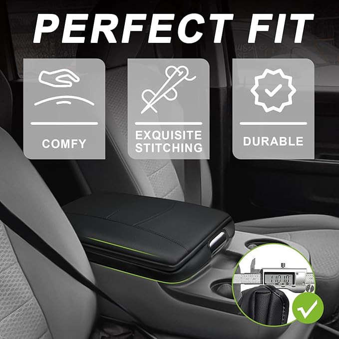 Muslogy Center Console Armrest Cover Compatible with Dodge Ram1500 2013-2018 & ram2500/3500 2013-2025 Comfort Armrest Pad Arm Rest Cushion Vegan Leather Protector 1-Inch Extra Thick(Jump Seat ONLY)