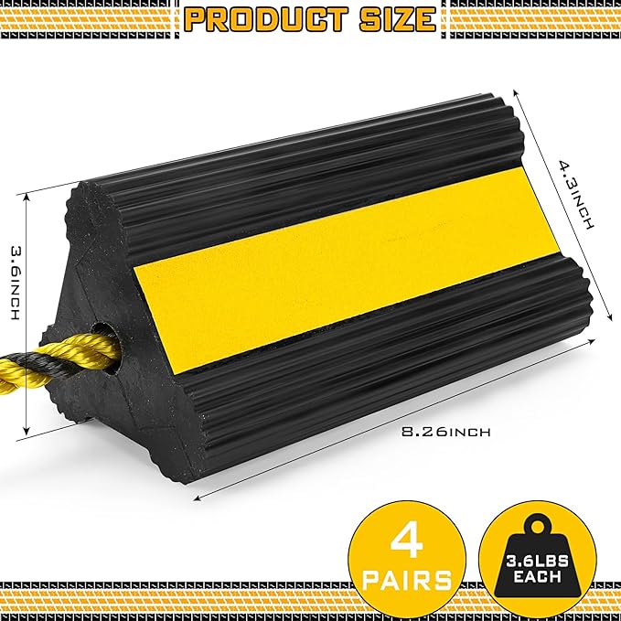 4 Pair Heavy Duty Wheel Chocks for RV Trailer, Rubber Wheel Stoppers, Dual Blocks, Non Slip Tire Chock with Nylon Rope Reflective Tape for RV Camper Travel Trailers Car Truck (Yellow)