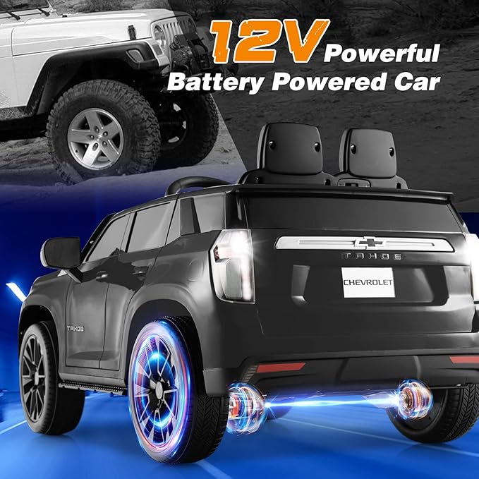 HONEY JOY Ride On Truck, 12V Licensed Chevrolet Tahoe, Chevy Electric Vehicle for Kids, Soft Start, Music, Lights, Battery Powered Ride On Car Toy with Remote Control, Gift for Boys Girls (Black)