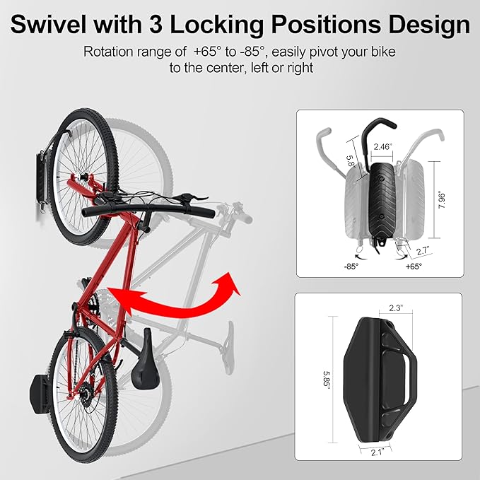 Swivel Bike Wall Mount, Vertical Bike Rack for Garage, Space-Saving Bike Storage and Hanger with Gear Position Lock, Supports Up to 66 lbs, Black