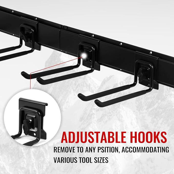 Locking Garden Tool Organizer, Garage Organization Wall Mount Storage Rack, Heavy Duty Metal Yard Tool Organizer, Adjustable Hanging Hooks, Hold Up to 420lbs (96Inch Black)