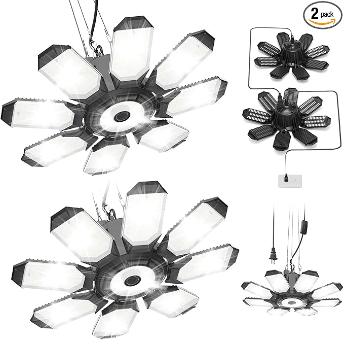 TANBABY Upgrade 250W LED Garage Lights Plug in 2 Pack, Total 50000LM Deformable Lights Ceiling LED Plug in Cord, Plug in Shop Light for Garage Lighting with 8+1 Panels Garages Bulb for Basement