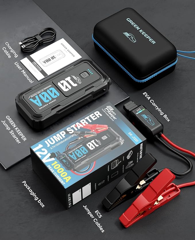 Portable Car Battery Jumper Starter 1000A Jump Box with Power Bank LED Light Protection Case for Car Emergency Kit, 12V Booster Pack Jump Starter with Heavy Duty Jump Cables, GREEN KEEPER GK-J1201