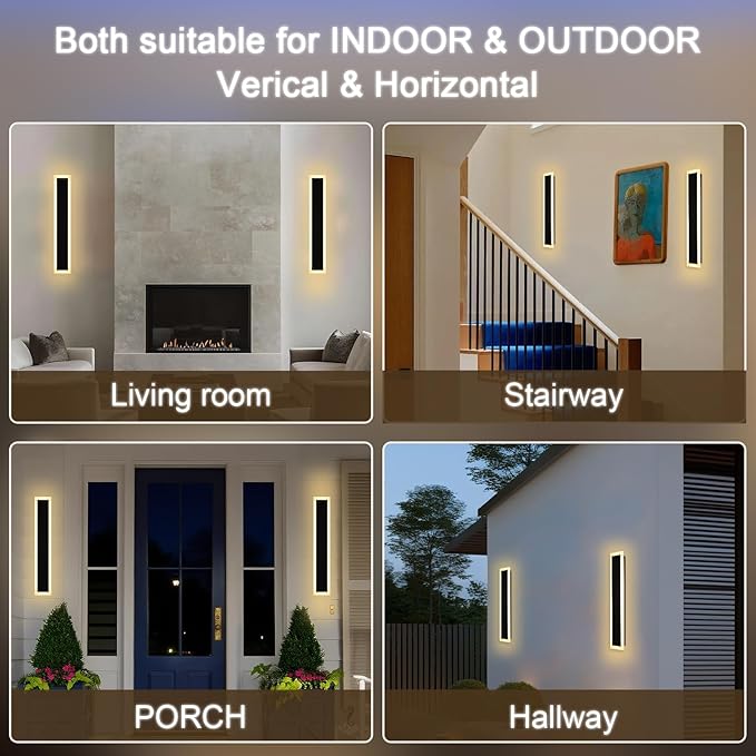 2 Pack LED Outdoor Long Wall Lights,24 inch Outdoor Linear Light for Porch,Dimmable Wall Mounted Light Fixtures,Exterior Long Linear Lighting,Outside Lighting for Patio,House Front Door