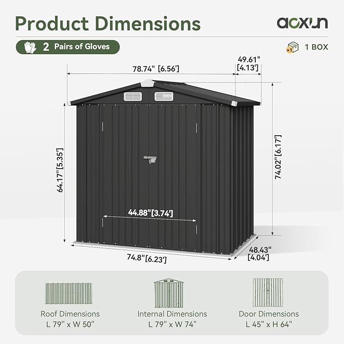Aoxun 6x3.9 FT Shed with Base Metal Outdoor Storage Shed Garden Shed with Lockable Doors Tool Shed Bike Shed for Backyard, Patio, Poolside (Black)