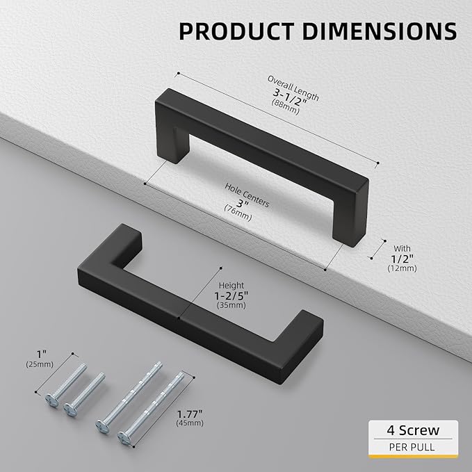 goldenwarm 3 Inch 150 Pack Matte Black Flat Square Bar Kitchen Hardware Closet Handles Pulls - Black Drawer Pull Cabinet Handle for Kitchen Bathroom Drawer Door Cabinets, LSJ12BK76