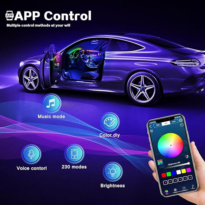 Dream+Color Acrylic Interior Car LED Strip Light with Wireless APP, RGB 18 in 1 with 175 inches 593 LEDs Fiber Optic Strip Lights for Car, Dynamic Chasing Music Sync Neon Ambient Lighting Kits