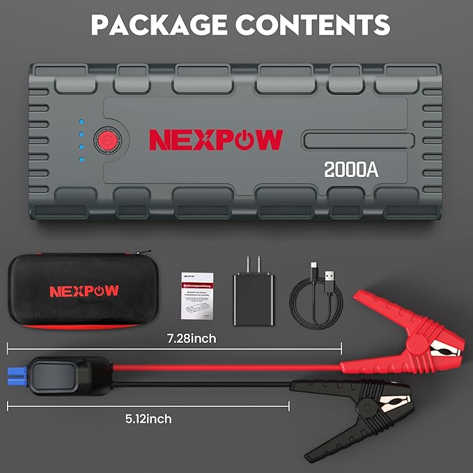 NEXPOW 2000A Peak Car Jump Starter with USB Quick Charge 3.0 (Up to 7.0L Gas or 6.5L Diesel Engine), 12V Portable Jump Box, Battery Booster with Built-in LED Light