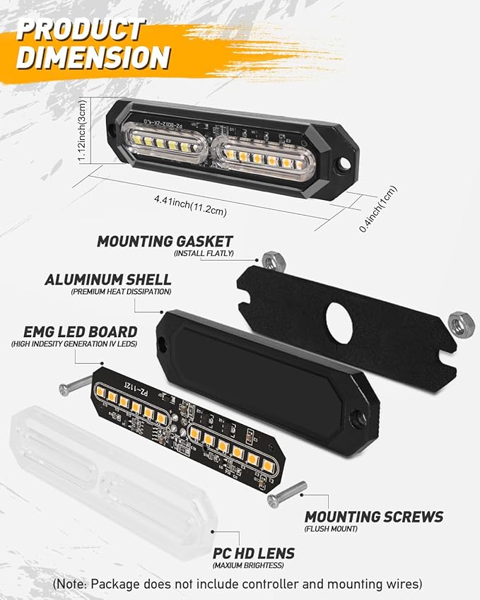 HLauto 1200T Emergency Strobe Grille Lights: 8pcs 12 LED Sync Feature Safety Warning Flashing Lights, Ultra Slim Surface Mount Hazard Caution Lights for Trucks, Vehicles, Car, ATV, UTV (Amber Red)