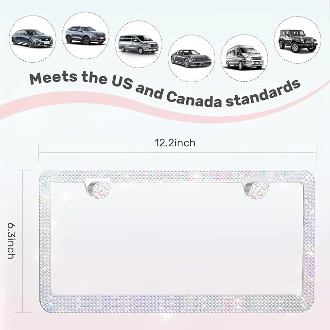 2 Pack License Plate Frames for Women, Sparkly Rhinestone Diamond Car Accessories with Glitter Crystal Caps (Colorful (2PCS))