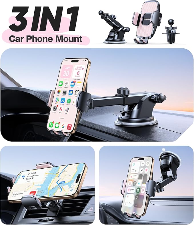 TORRAS Pink Phone Holders for Your Car【True Military-Grade & Strongest Suction】, Universal Car Phone Holder Mount Truck Cradle Stand for Dashboard Windshield Vent, Pink Car Accessories