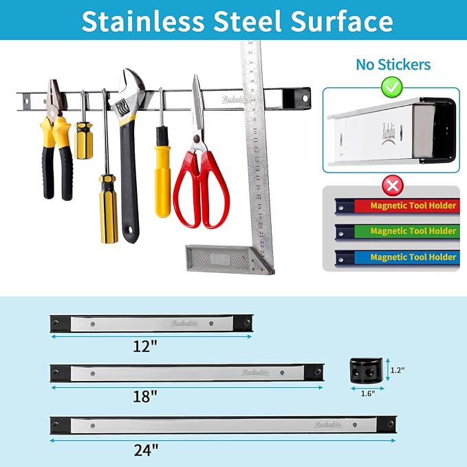 6 Pieces 18" Magnetic Tool Holder Strip, Stainless Steel Surface Tool Magnet Bar, Metal Tool Organizer Rack for Garage Organization, Easy To Install in Workshop, Mounting Screws Included