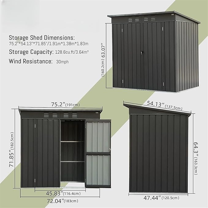 IKERY Galvanized Steel Garden Shed - 6' x 4' with Sloping Roof and Lockable Door, Metal Utility Storage Shed for Backyard Tools, Dark Gray