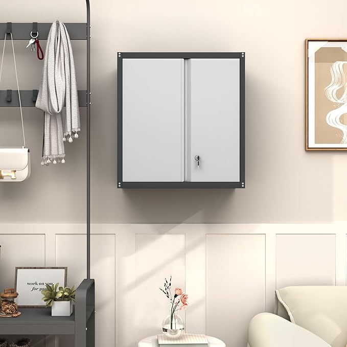 GREATMEET Metal Wall Cabinet, Wall Mounted Garage Cabinet, Locking Metal Storage Cabinet with Doors for Home Office, Garage, Utility Room