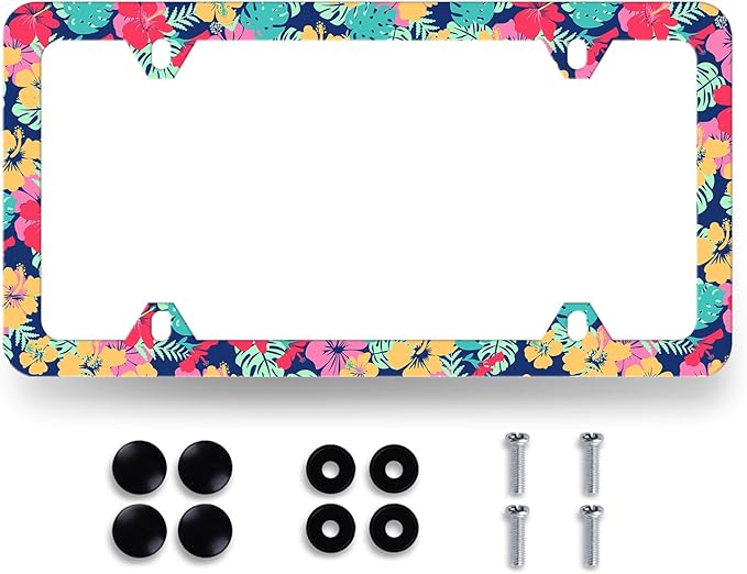 Tropical Hibiscus Flower License Plate Frame Colorful Floral Leaves License Plate Holder Funny License Plate for Car Decoration Stainless Steel Hawaii Auto Parts with Screws 12.3" x 6.3"