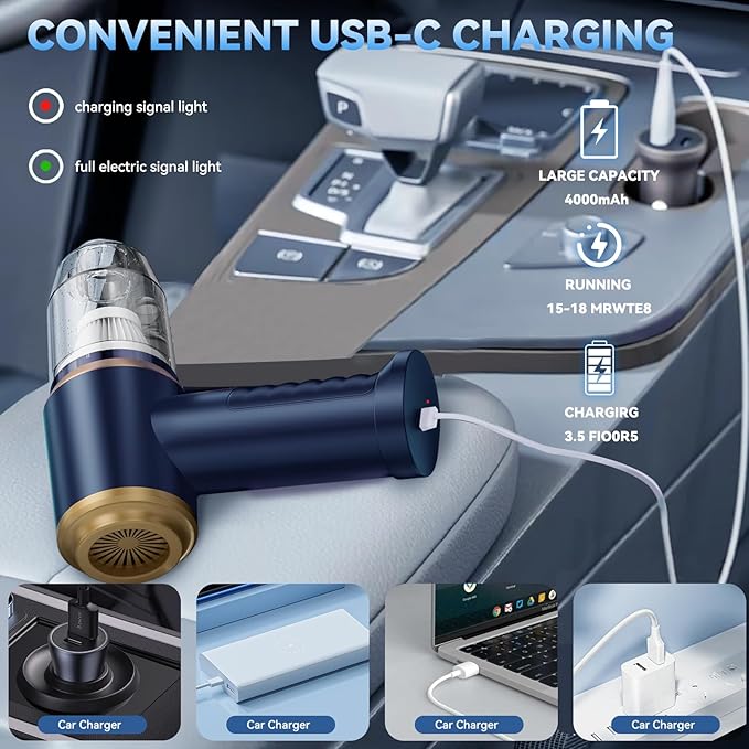 Mini Car Vacuum Portable Cordless Handheld Vacuum Cleaner and Air Duster 2 in 1 with Multi-Nozzles for Car, Computer, Sofa, Office, Pet, Home (Blue and Gold)