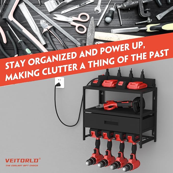 Veitorld Power Tool Organizer with Charging Station, Garage Tool Storage Organizer Built in 8 Outlet Power Strip with Drawers, 6 Drill Holder Wall Mount, Gifts for Men Dad Husband Him Fathers Day