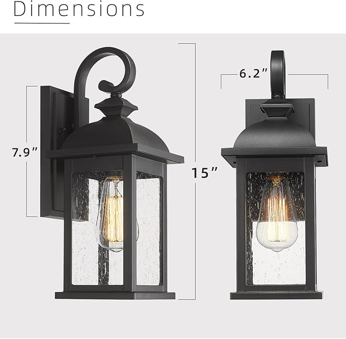 FEMILA Exterior Wall Sconce,2 Packs Outdoor Waterproof Wall Lights Fixture,E26 Socket Wall Lantern for Porch,Anti-Rust Matte Black Finish with Seeded Glass Lampshade,4FD54B-2PK BK