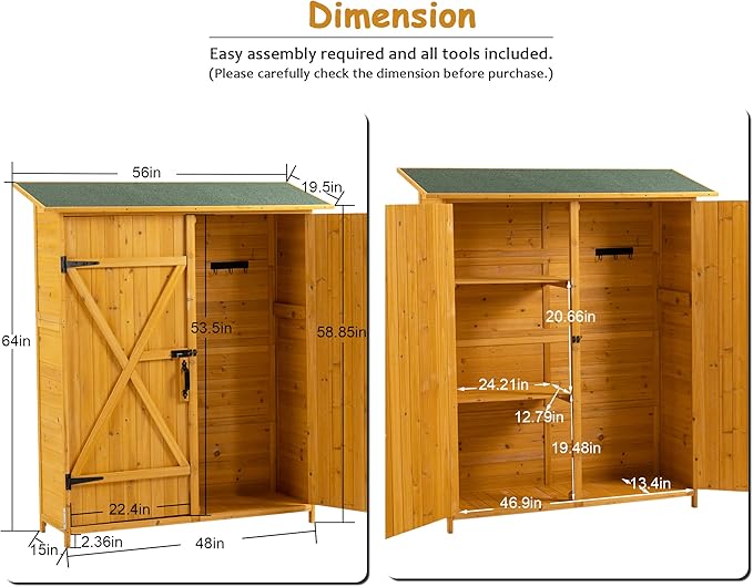 56" L x 19.5" W x 64" H Outdoor Wooden Storage Shed with Lockable Door, Waterproof Roof,Detachable Shelves for Garden Tools,Natural Wood