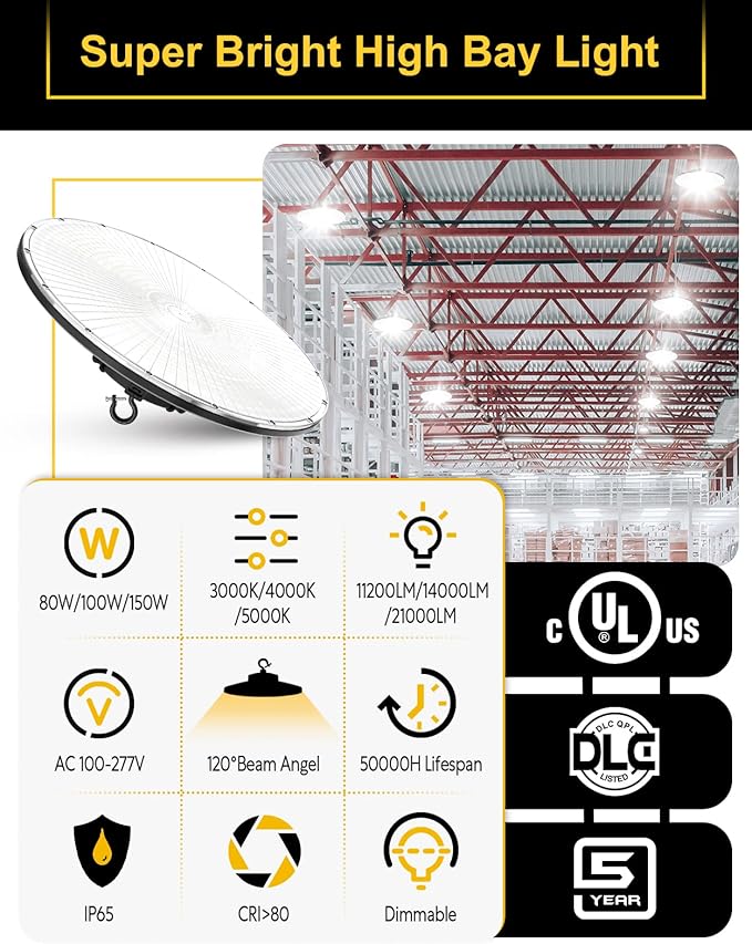 UFO LED High Bay Light, 150W/100W/80W Adjustable, 3000K/4000K/5000K, UL & DLC Listed 21000LM 0-10V Dimmable IP65 Waterproof High Bay Lights AC100-277V for Warehouse Factory(9 Pack)