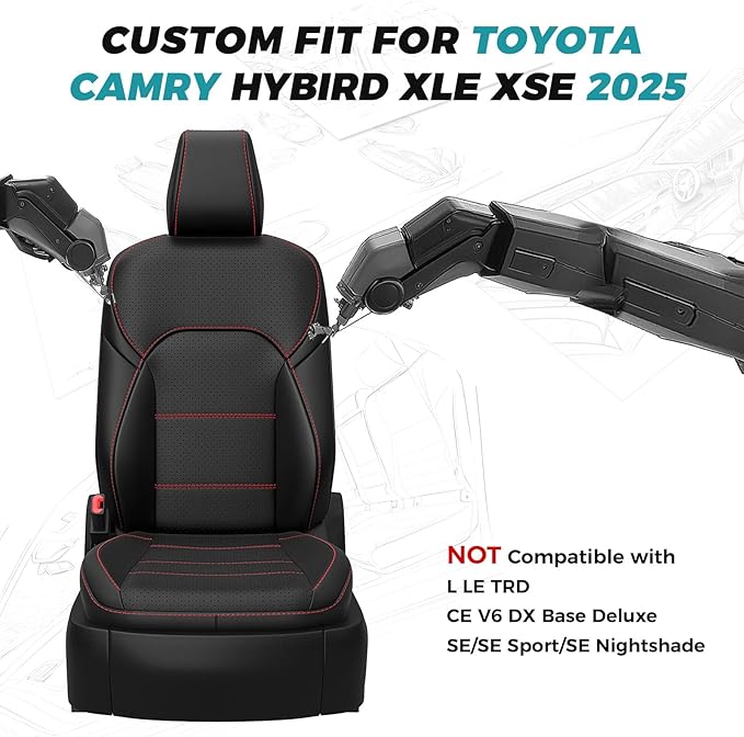 for Toyota Camry Seat Covers XSE XLE 2025 - Custom Fit Car Seat Covers Full Set, Leather Seat Covers for Cars, Waterproof Car Seat Cover, Black Red