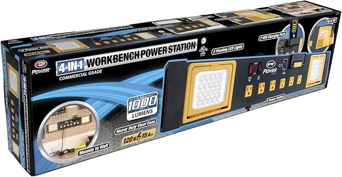 Performance Tool W2279 Commercial Grade Power Station with 6 Outlets, 2 USB Ports, Built-In Cradle, and LED Lights, Ideal for Workshops and Garages